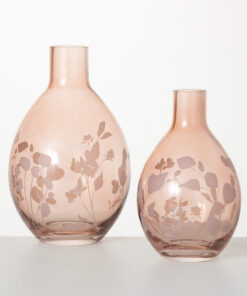 JUEGO DE 2 JARRONES DE CRISTAL ROSADO GRABADOS