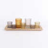 Set Decorativo de Portavelas y Vasos de Vidrio Ámbar y Ahumado con Bandeja de Madera