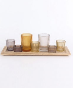 Set Decorativo de Portavelas y Vasos de Vidrio Ámbar y Ahumado con Bandeja de Madera